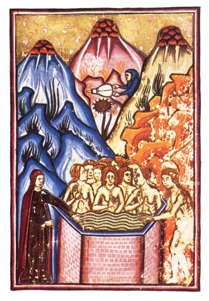 Miniature rappresentant des femmes immergées dans le Balneum Sulphatara. Pierre d'Eboli